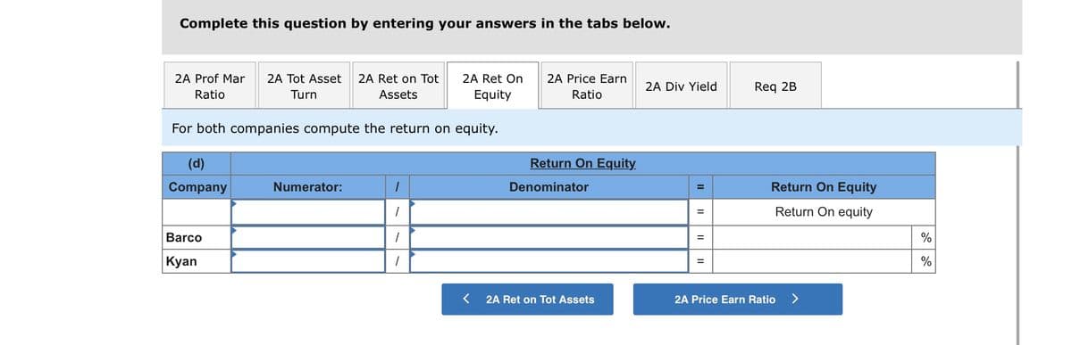 Complete this question by entering your answers in the tabs below.
2A Prof Mar
2A Tot Asset
2A Ret on Tot
2A Ret On
2A Price Earn
2A Div Yield
Req 2B
Ratio
Turn
Assets
Equity
Ratio
For both companies compute the return on equity.
(d)
Return On Equity
Company
Numerator:
Denominator
Return On Equity
%3D
Return On equity
Barco
| Кyan
%3D
2A Ret on Tot Assets
2A Price Earn Ratio
<>
II

