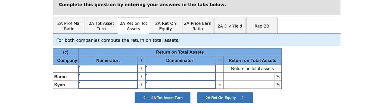 Complete this question by entering your answers in the tabs below.
2A Prof Mar
2A Tot Asset
2A Ret on Tot
2A Ret On
2A Price Earn
2A Div Yield
Req 2B
Ratio
Turn
Assets
Equity
Ratio
For both companies compute the return on total assets.
(c)
Return on Total Assets
Company
Numerator:
Denominator:
Return on Total Assets
%3D
Return on total assets
%3D
Barco
%3D
|Кyan
2A Tot Asset Turn
2A Ret On Equity
<>
