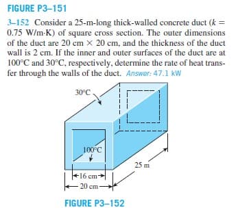 FIGURE P3-151
3-152 Consider a 25-m-long thick-walled concrete duct (k =
0.75 W/m-K) of square cross section. The outer dimensions
of the duct are 20 cm x 20 cm, and the thickness of the duct
wall is 2 cm. If the inner and outer surfaces of the duct are at
100°C and 30°C, respectively, determine the rate of heat trans-
fer through the walls of the duct. Answer: 47.1 kW
30°C
100°C
16 cm
-20 cm-
FIGURE P3-152
25 m