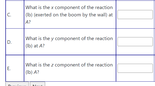 What is the x component of the reaction
С.
(Ib) (exerted on the boom by the wall) at
|A?
What is the y component of the reaction
D.
(Ib) at A?
What is the z component of the reaction
Е.
(Ib) A?
