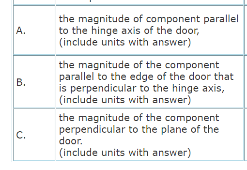 the magnitude of component parallel
to the hinge axis of the door,
(include units with answer)
А.
the magnitude of the component
parallel to the edge of the door that
is perpendicular to the hinge axis,
(include units with answer)
the magnitude of the component
perpendicular to the plane of the
door.
C.
(include units with answer)
B.
