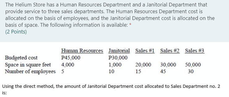 The Helium Store has a Human Resources Department and a Janitorial Department that
provide service to three sales departments. The Human Resources Department cost is
allocated on the basis of employees, and the Janitorial Department cost is allocated on the
basis of space. The following information is available: *
(2 Points)
Human Resources
Janitorial Sales #1 Sales #2 Sales #3
Budgeted cost
P45,000
P30,000
Space in square feet
4,000
1,000
50,000
Number of employees
5
20,000 30,000
45
10
15
30
Using the direct method, the amount of Janitorial Department cost allocated to Sales Department no. 2
is:
