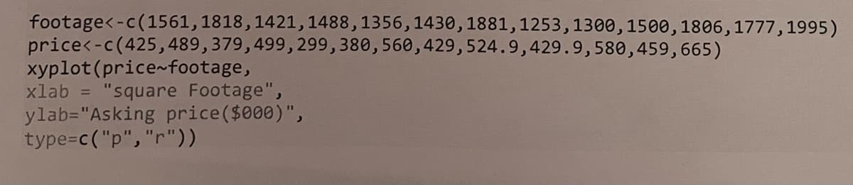 footage<-c(1561,1818,1421,1488,1356,1430,1881,1253,1300,1500,1806,1777,1995)
price<-c(425,489,379,499,299,380,560,429,524.9,429.9,580,459,665)
xyplot(price-footage,
xlab
"square Footage",
ylab="Asking price($000)",
type=c("p","r"))
