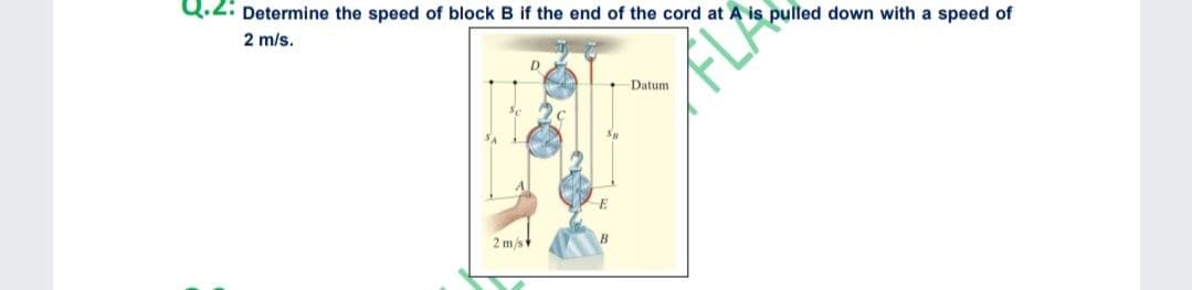 Q.2: Determine the speed of block B if the end of the cord at A is pulled down with a speed of
2 m/s.
D
FLA
Datum
2 m/s
