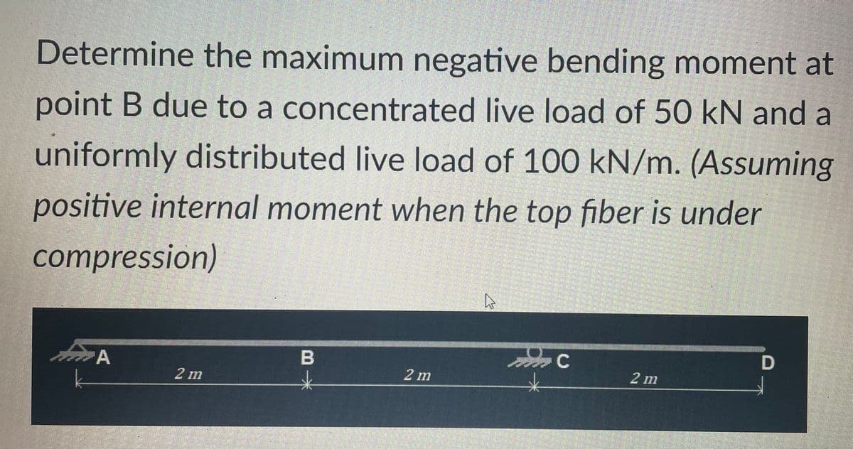 Determine the maximum negative bending moment at
point B due to a concentrated live load of 50 kN and a
uniformly distributed live load of 100 kN/m. (Assuming
positive internal moment when the top fiber is under
compression)
C
2 m
米
2 m
2 m

