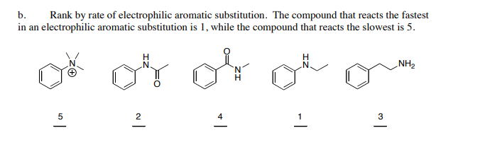 Rank by rate of electrophilic aromatic substitution. The compound that reacts the fastest
in an electrophilic aromatic substitution is 1, while the compound that reacts the slowest is 5.
b.
H
NH2
5
3
-
