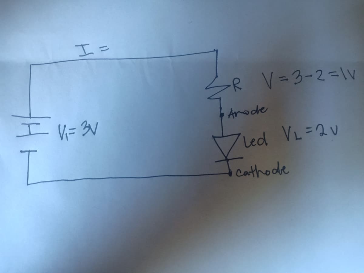 エー
R V=3-2=1v
V= 3V
+ Anode
Led VL=2v
Cathode
