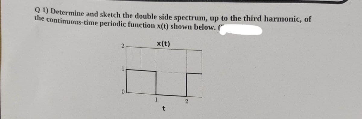 Q1) Determine and sketch the double side spectrum, up to the third harmonic, of
the continuous-time periodic function x(t) shown below.
x(t)
0.
1
