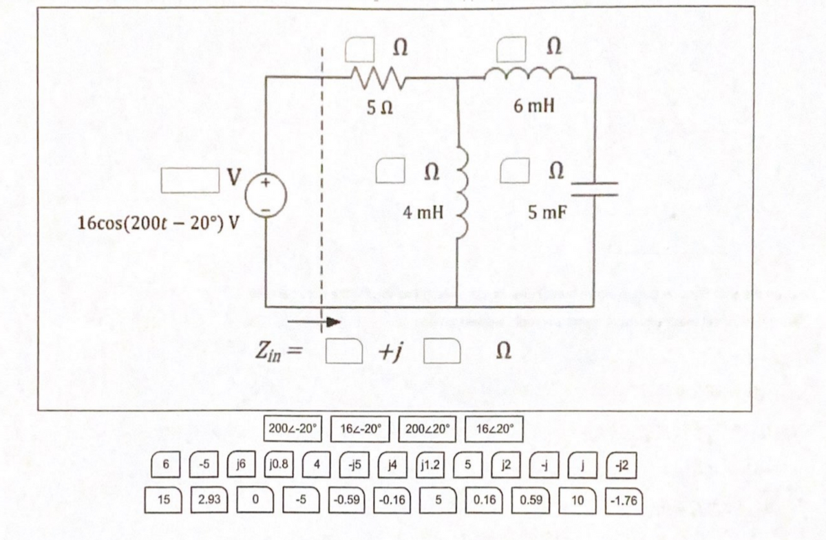 50
6 mH
V
4 mH
5 mF
16cos(200t – 20°) V
Zin-
tj
Ω
2002-20°
164-20°
200420°
16220°
-5
j6
j0.8
4
-15
j4
j1.2
5
j2
12
15
2.93
-5
-0.59
-0.16
0.16
0.59
10
-1.76
