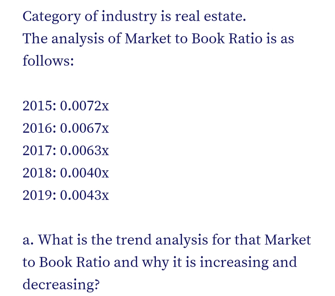 Category of industry is real estate.
The analysis of Market to Book Ratio is as
follows:
2015: 0.0072x
2016: 0.0067x
2017: 0.0063x
2018: 0.0040x
2019: 0.0043x
a. What is the trend analysis for that Market
to Book Ratio and why it is increasing and
decreasing?
