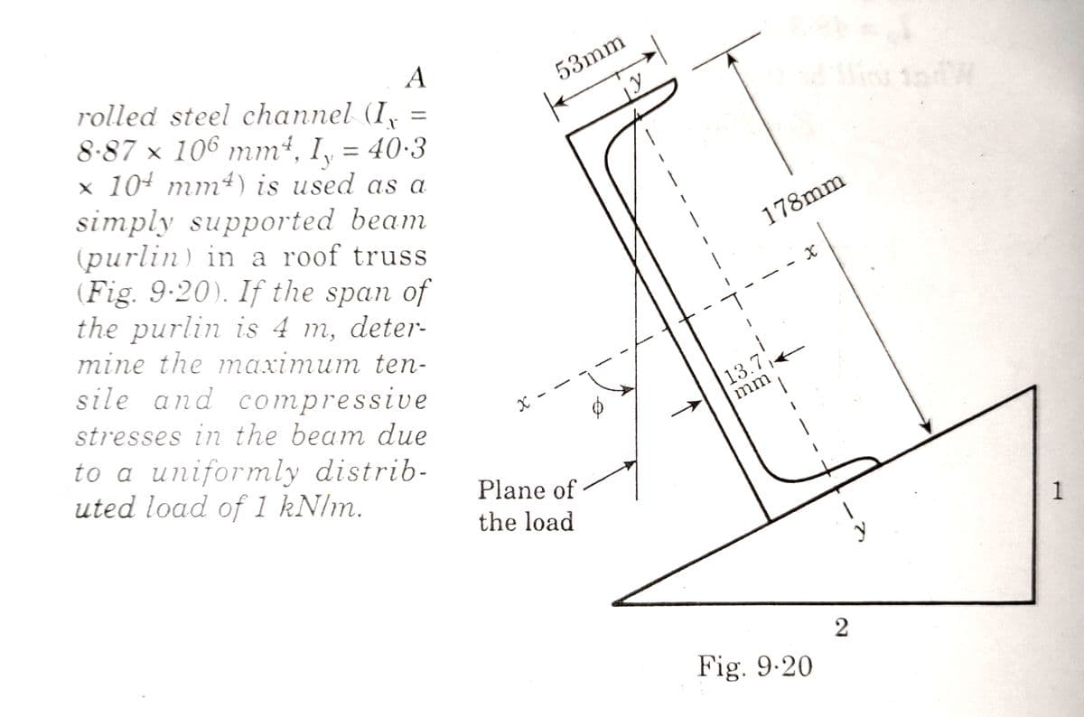 A
rolled steel channel (I,
8-87 x 106 mm4, I, = 40.3
× 10¹ mm²) is used as a
X
simply supported beam
(purlin) in a roof truss
(Fig. 9-20). If the span of
the purlin is 4 m, deter-
mine the maximum ten-
sile and compressive
stresses in the beam due
to a uniformly distrib-
uted load of 1 kN/m.
1
53mm
1
X-
Plane of
the load
28
178mm
X
13.7
mm
Fig. 9-20
2
y
1