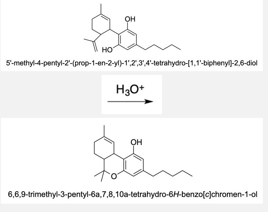 OH
$8
HO
5'-methyl-4-pentyl-2'-(prop-1-en-2-yl)-1',2',3',4'-tetrahydro-[1,1'-biphenyl]-2,6-diol
H3O+
OH
6,6,9-trimethyl-3-pentyl-6a,7,8,10a-tetrahydro-6H-benzo[c]chromen-1-ol