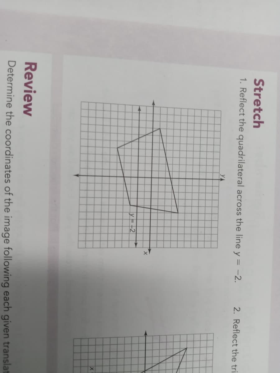 Stretch
1. Reflect the quadrilateral across the line y = -2.
2. Reflect the tri
YA
y = -2
Review
Determine the coordinates of the image following each given translat
