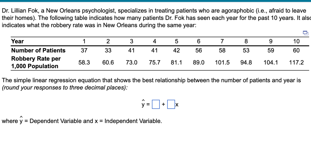 Dr. Lillian Fok, a New Orleans psychologist, specializes in treating patients who are agoraphobic (i.e., afraid to leave
their homes). The following table indicates how many patients Dr. Fok has seen each year for the past 10 years. It also
indicates what the robbery rate was in New Orleans during the same year:
Year
Number of Patients
Robbery Rate per
1,000 Population
1
37
58.3
2
3
4
33
41
41
60.6 73.0 75.7
5
42
81.1
The simple linear regression equation that shows the best relationship between the number of patients and year is
(round your responses to three decimal places):
ŷ=+x
where y = Dependent Variable and x = Independent Variable.
6
7
8
9
10
56
58
53
59
60
89.0 101.5 94.8 104.1 117.2
X