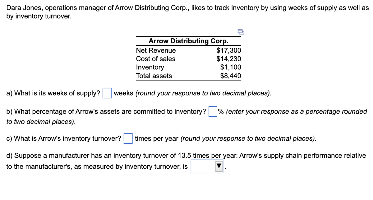 Dara Jones, operations manager of Arrow Distributing Corp., likes to track inventory by using weeks of supply as well as
by inventory turnover.
Arrow Distributing Corp.
$17,300
$14,230
$1,100
$8,440
a) What is its weeks of supply? weeks (round your response to two decimal places).
b) What percentage of Arrow's assets are committed to inventory? % (enter your response as a percentage rounded
to two decimal places).
c) What is Arrow's inventory turnover? times per year (round your response to two decimal places).
d) Suppose a manufacturer has an inventory turnover of 13.5 times per year. Arrow's supply chain performance relative
to the manufacturer's, as measured by inventory turnover, is
Net Revenue
Cost of sales
Inventory
Total assets