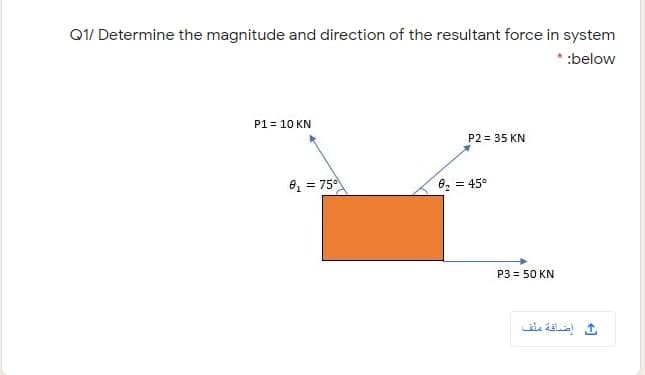 Q1/ Determine the magnitude and direction of the resultant force in system
:below
P1 = 10 KN
P2 = 35 KN
8 = 750
82 = 45°
P3 = 50 KN
