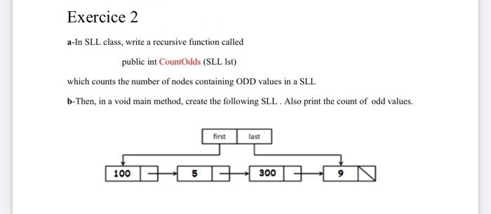 Exercice 2
a-In SLL class, write a recursive function called
public int CountOdds (SLL Ist)
which counts the number of nodes containing ODD values in a SLL
b-Then, in a void main method, create the following SLL. Also print the count of odd values.
first
last
100
300 +
