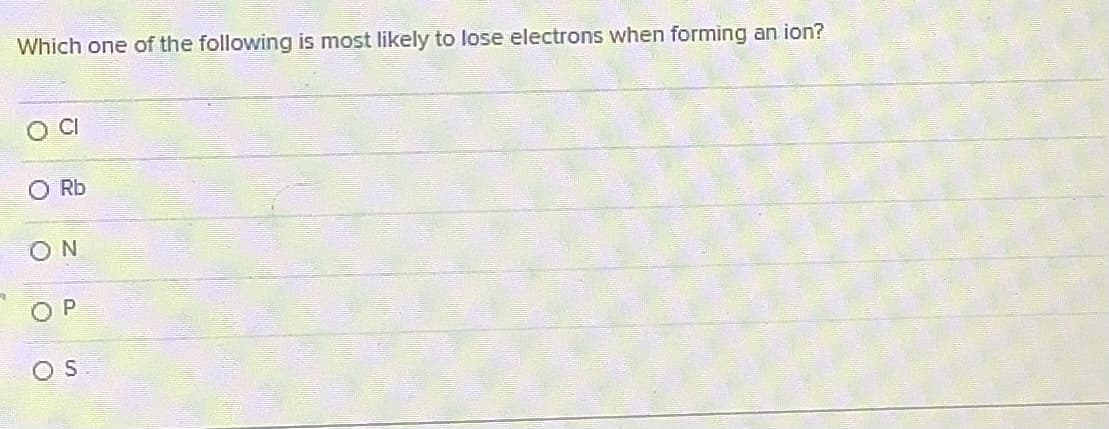 Which one of the following is most likely to lose electrons when forming an ion?
CI
Rb
ON
OS
