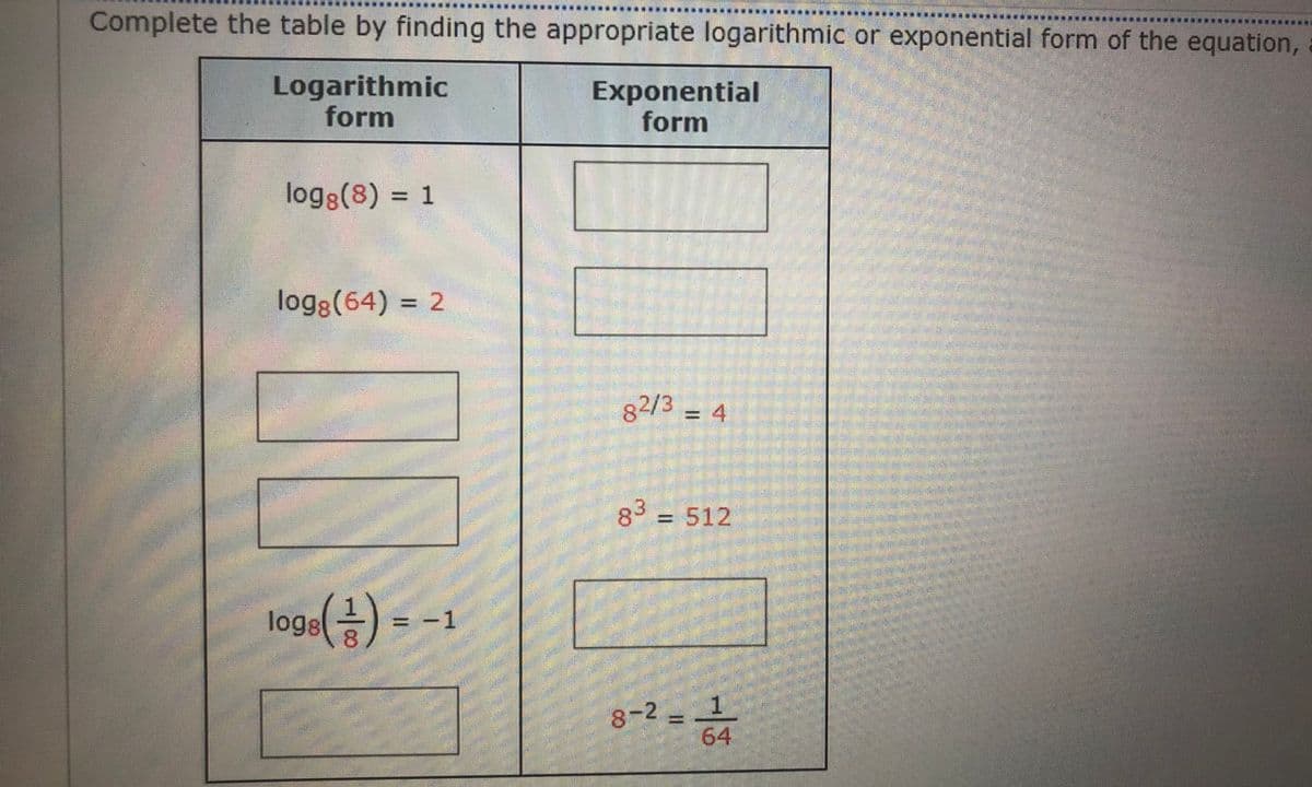 Complete the table by finding the appropriate logarithmic or exponential form of the equation,
Logarithmic
form
Exponential
form
log8(8) = 1
logg(64) = 2
82/3 = 4
83 = 512
logs
= -1
8-2 1
64
