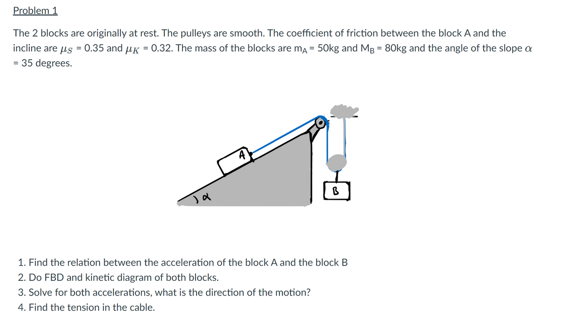 Problem 1
The 2 blocks are originally at rest. The pulleys are smooth. The coefficient of friction between the block A and the
incline are us = 0.35 and uK = 0.32. The mass of the blocks are ma = 50kg and MB = 80kg and the angle of the slope a
= 35 degrees.
%3D
A
1. Find the relation between the acceleration of the block A and the block B
2. Do FBD and kinetic diagram of both blocks.
3. Solve for both accelerations, what is the direction of the motion?
4. Find the tension in the cable.
