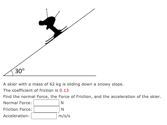 30°
A skier with a mass of 62 kg is sliding down a snowy slope.
The coefficient of friction is 0.13
Find the normal Force, the Force of Friction, and the acceleration of the skier.
Normal Force:
Friction Force:
N
Acceleration:
m/s/s
