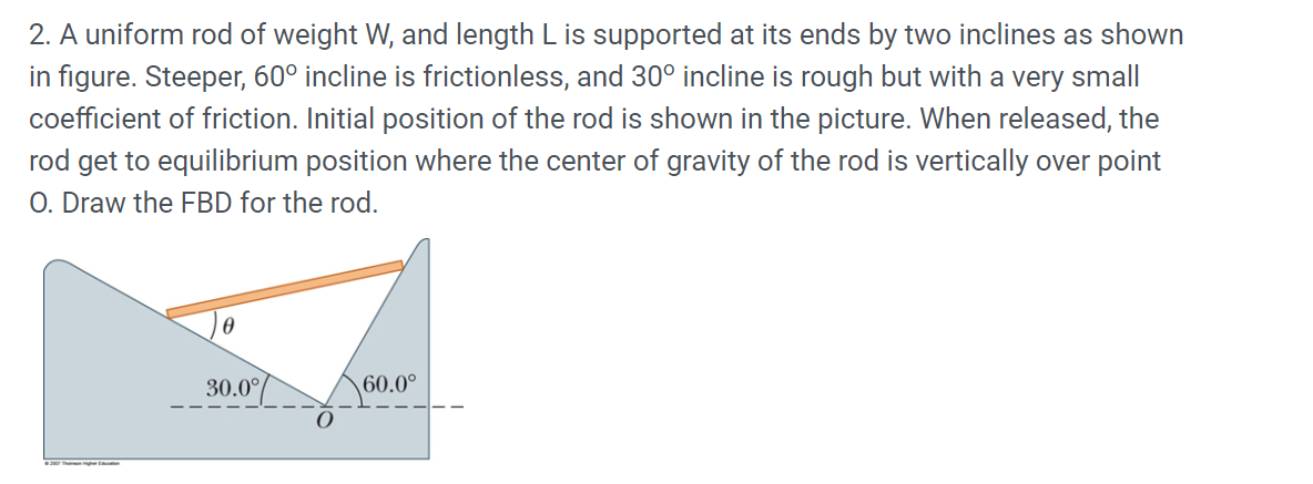 2. A uniform rod of weight W, and length L is supported at its ends by two inclines as shown
in figure. Steeper, 60° incline is frictionless, and 30° incline is rough but with a very small
coefficient of friction. Initial position of the rod is shown in the picture. When released, the
rod get to equilibrium position where the center of gravity of the rod is vertically over point
O. Draw the FBD for the rod.
30.0°
60.0°
