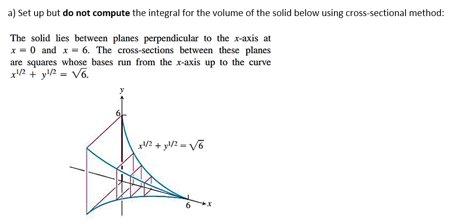 a) Set up but do not compute the integral for the volume of the solid below using cross-sectional method:
The solid lies between planes perpendicular to the x-axis at
x = 0 and x = 6. The cross-sections between these planes
are squares whose bases run from the x-axis up to the curve
x/2 + y/2 = V6.
