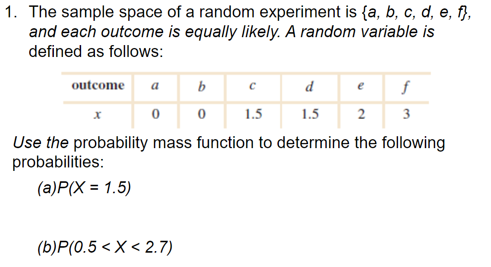 1. The sample space of a random experiment is {a, b, c, d, e, f},
and each outcome is equally likely. A random variable is
defined as follows:
outcome
b
d
e
f
a
1.5
1.5
2
3
Use the probability mass function to determine the following
probabilities:
(a)P(X = 1.5)
(b)P(0.5 < X < 2.7)
