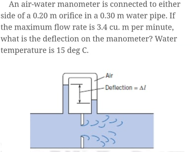 An air-water manometer is connected to either
side of a 0.20 m orifice in a 0.30 m water pipe. If
the maximum flow rate is 3.4 cu. m per minute,
what is the deflection on the manometer? Water
temperature is 15 deg C.
- Air
- Deflection = A!

