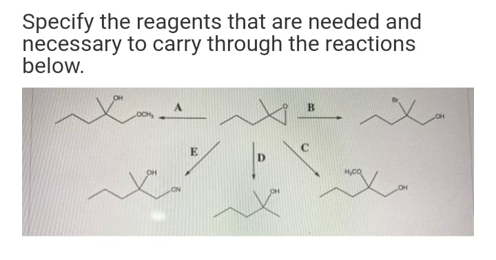 Specify the reagents that are needed and
necessary to carry through the reactions
below.
A
B
E
D
H,CO
CN
OH
