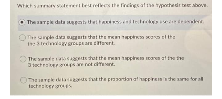 Which summary statement best reflects the findings of the hypothesis test above.
O The sample data suggests that happiness and technology use are dependent.
The sample data suggests that the mean happiness scores of the
the 3 technology groups are different.
The sample data suggests that the mean happiness scores of the the
3 technology groups are not different.
The sample data suggests that the proportion of happiness is the same for all
technology groups.
