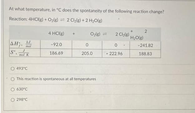 At what temperature, in °C does the spontaneity of the following reaction change?
Reaction: 4HCI(g) + O2(g) = 2 Cl2{g) + 2 H2O(g)
4 HCKB)
O2lg) =
2 Cl(g)
H2O(g)
kJ
AH. mol
-92.0
-241.82
S',
mol K
186.69
205.0
222.96
188.83
493°C
O This reaction is spontaneous at all temperatures
630°C
O 298°C
