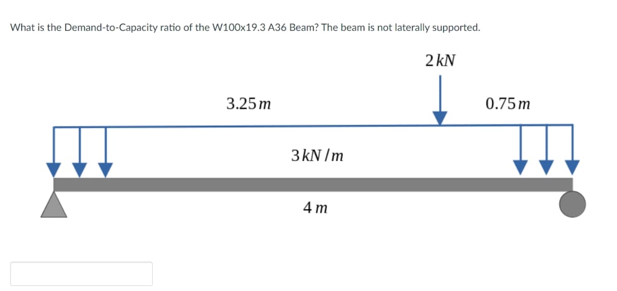 What is the Demand-to-Capacity ratio of the W100x19.3 A36 Beam? The beam is not laterally supported.
3.25m
3 kN/m
4m
2 kN
|
0.75m