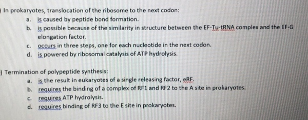 In prokaryotes, translocation of the ribosome to the next codon:
a. is caused by peptide bond formation.
b. is possible because of the similarity in structure between the EF-Tu-TRNA complex and the EF-G
elongation factor.
c. occurs in three steps, one for each nucleotide in the next codon.
d. is powered by ribosomal catalysis of ATP hydrolysis.
-) Termination of polypeptide synthesis:
a. is the result in eukaryotes of a single releasing factor, eRF.
b. requires the binding of a complex of RF1 and RF2 to the A site in prokaryotes.
c. requires ATP hydrolysis.
d. requires binding of RF3 to the E site in prokaryotes.
