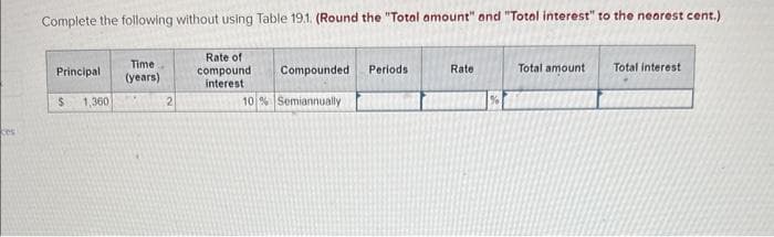 kes
Complete the following without using Table 19.1. (Round the "Total amount" and "Total interest" to the nearest cent.)
Rate of
compound
interest
Principal
$ 1,360
Time.
(years)
2
Compounded
10% Semiannually
Periods
Rate
Total amount
Total interest