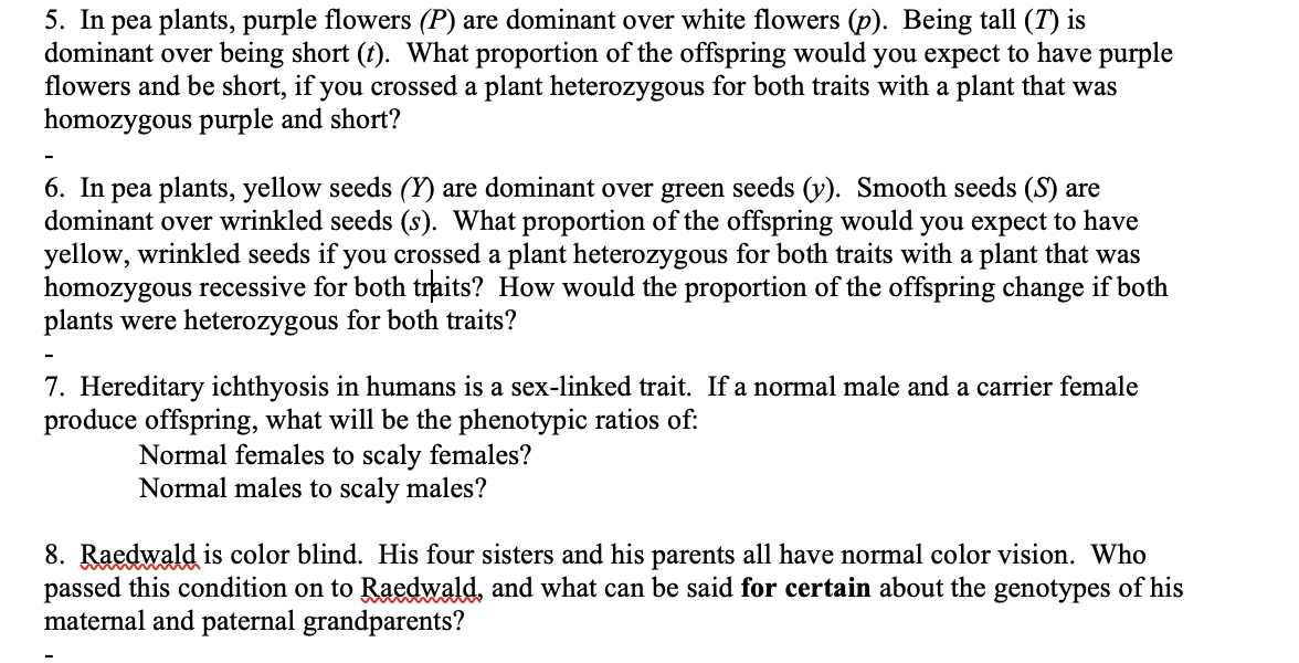 5. In pea plants, purple flowers (P) are dominant over white flowers (p). Being tall (T) is
dominant over being short (t). What proportion of the offspring would you expect to have purple
flowers and be short, if you crossed a plant heterozygous for both traits with a plant that was
homozygous purple and short?
6. In pea plants, yellow seeds (Y) are dominant over green seeds (y). Smooth seeds (S) are
dominant over wrinkled seeds (s). What proportion of the offspring would you expect to have
yellow, wrinkled seeds if you crossed a plant heterozygous for both traits with a plant that was
homozygous recessive for both traits? How would the proportion of the offspring change if both
plants were heterozygous for both traits?
-
7. Hereditary ichthyosis in humans is a sex-linked trait. If a normal male and a carrier female
produce offspring, what will be the phenotypic ratios of:
Normal females to scaly females?
Normal males to scaly males?
8. Raedwald is color blind. His four sisters and his parents all have normal color vision. Who
passed this condition on to Raedwald, and what can be said for certain about the genotypes of his
maternal and paternal grandparents?
