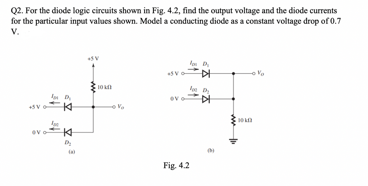 Q2. For the diode logic circuits shown in Fig. 4.2, find the output voltage and the diode currents
for the particular input values shown. Model a conducting diode as a constant voltage drop of 0.7
V.
+5 V
OVO
IDI DI
ID2
K
K
D₂
(a)
+5 V
• 10 ΚΩ
o Vo
+5 Vo
OVO-
Fig. 4.2
IDI DI
ID2 D₂
K₂
(b)
H
10 ΚΩ
- Vo