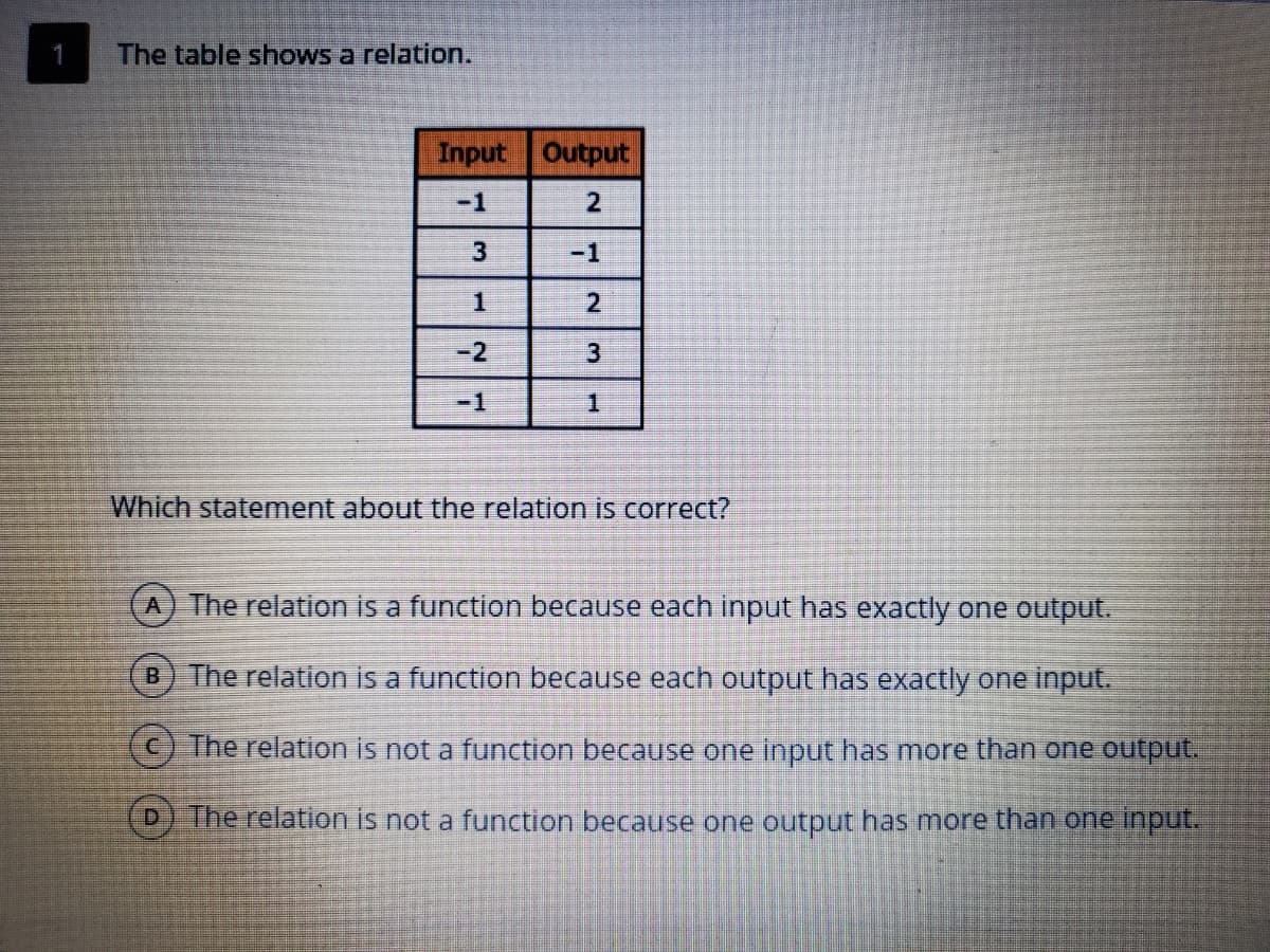 The table shows a relation.
Input Output
-1
2
-1
2.
-1
1.
Which statement about the relation is correct?
A) The relation is a function because each input has exactly one output.
B) The relation is a function because each output has exactly one input.
(c) The relation is not a function because one input has more than one output.
D) The relation is not a function because one output has more than one input.
3.
1.
2.
