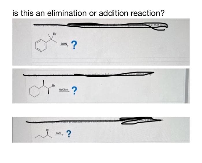 is this an elimination or addition reaction?
قمر
Br
DBN
Na Me
NaCl
+?
?
?
nor products M
sted for the foll
ll that and