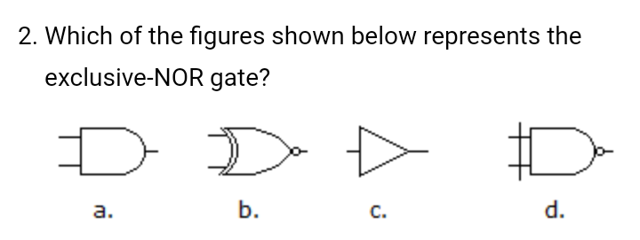 2. Which of the figures shown below represents the
exclusive-NOR gate?
a.
b.
C.
d.
