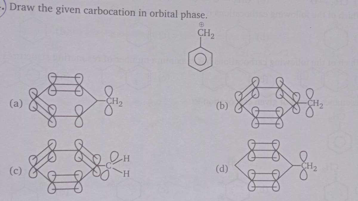 Draw the given carbocation in orbital phase.
CH2
CH2
(b)
(a)
(d)
