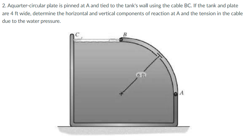 2. Aquarter-circular plate is pinned at A and tied to the tank's wall using the cable BC. If the tank and plate
are 4 ft wide, determine the horizontal and vertical components of reaction at A and the tension in the cable
due to the water pressure.
B
A

