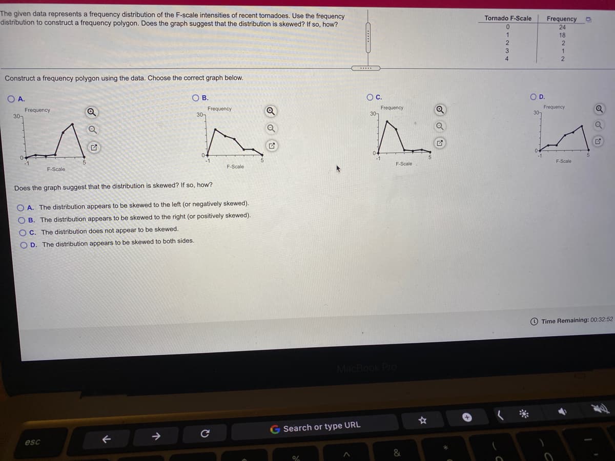 The given data represents a frequency distribution of the F-scale intensities of recent tornadoes. Use the frequency
distribution to construct a frequency polygon. Does the graph suggest that the distribution is skewed? If so, how?
Tornado F-Scale
Frequency
24
18
1
2
.....
Construct a frequency polygon using the data. Choose the correct graph below.
OA.
O A.
O B
Oc.
OD.
Frequency
30-
Frequency
30-
Frequency
30-
Frequency
30,
04
-1
-1
-1
F-Scale
-1
F-Scale
F-Scale
F-Scale
Does the graph suggest that the distribution is skewed? If so, how?
O A. The distribution appears to be skewed to the left (or negatively skewed).
O B.
The distribution appears to be skewed to the right (or positively skewed).
O C. The distribution does not appear to be skewed.
O D. The distribution appears to be skewed to both sides.
O Time Remaining: 00:32:52
MacBook Pro
く *
G Search or type URL
esc
1234
