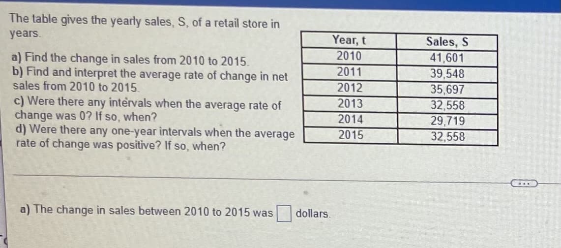 The table gives the yearly sales, S, of a retail store in
years.
Year, t
Sales, S
41,601
2010
a) Find the change in sales from 2010 to 2015.
b) Find and interpret the average rate of change in net
sales from 2010 to 2015.
c) Were there any intervals when the average rate of
change was 0? If so, when?
d) Were there any one-year intervals when the average
rate of change was positive? If so, when?
2011
39,548
35,697
2012
2013
32,558
2014
29,719
2015
32,558
a) The change in sales between 2010 to 2015 was
dollars.
