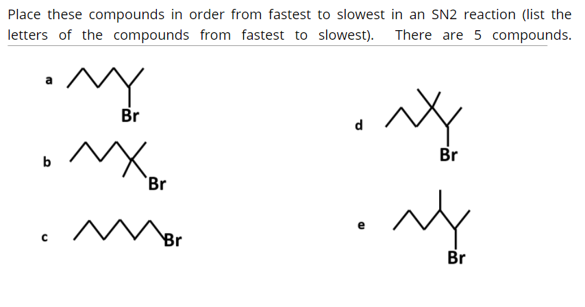 Place these compounds in order from fastest to slowest in an SN2 reaction (list the
letters of the compounds from fastest to slowest).
There are 5 compounds.
Br
d
Br
b
Br
e
Br
Br
