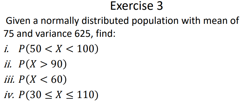 Exercise 3
Given a normally distributed population with mean of
75 and variance 625, find:
i. P(50 < X < 100)
ii. P(X > 90)
ii. Р(X < 60)
iv. P(30 < X < 110)
