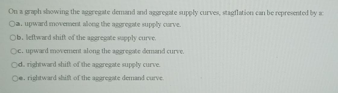 On a graph showing the aggregate demand and aggregate supply curves, stagflation can be represented by a:
Oa. upward movement along the aggregate supply curve.
Ob. leftward shift of the aggregate supply curve.
Oc. upward movement along the aggregate demand curve.
Od. rightward shift of the aggregate supply curve.
Oe. rightward shift of the aggregate demand curve.