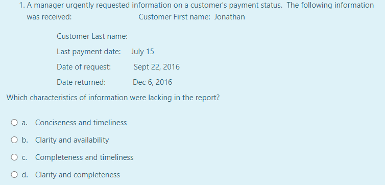 1. A manager urgently requested information on a customer's payment status. The following information
was received:
Customer First name: Jonathan
Customer Last name:
Last payment date:
Date of request:
Date returned:
July 15
Sept 22, 2016
Dec 6, 2016
Which characteristics of information were lacking in the report?
O a. Conciseness and timeliness
O b.
Clarity and availability
O c. Completeness and timeliness
O d. Clarity and completeness