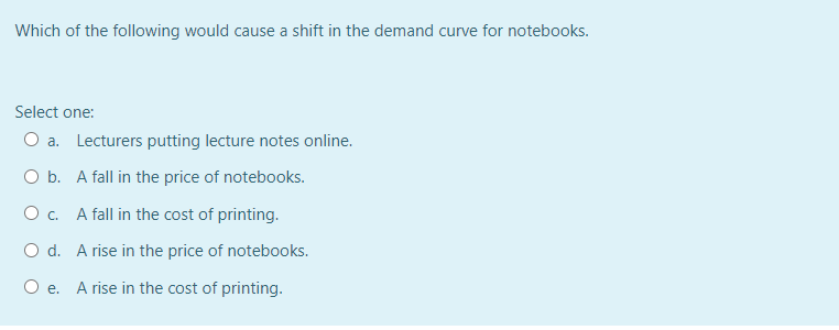 Which of the following would cause a shift in the demand curve for notebooks.
Select one:
O a. Lecturers putting lecture notes online.
O b. A fall in the price of notebooks.
O c. A fall in the cost of printing.
O d. A rise in the price of notebooks.
O e. A rise in the cost of printing.
