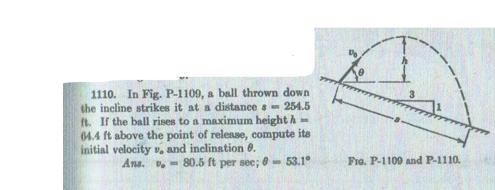 1110. In Fig. P-1109, a ball thrown down
the incline strikes it at a distance s 254.5
It. If the ball rises to a maximum height h
64.4 ft above the point of release, compute its
initial velocity vo and inclination 6.
Ans. v. = 80.5 ft per see; 0= 53.1°
FIG. P-1109 and P-1110.

